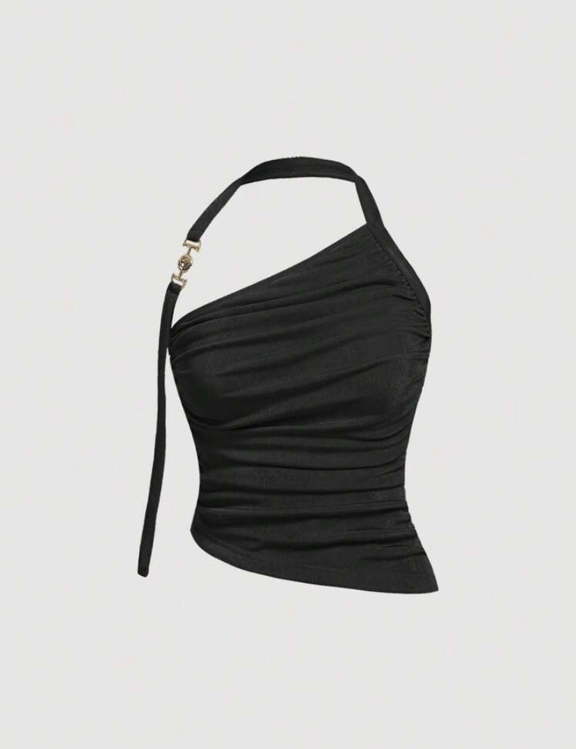 Asymmetrical halter black top