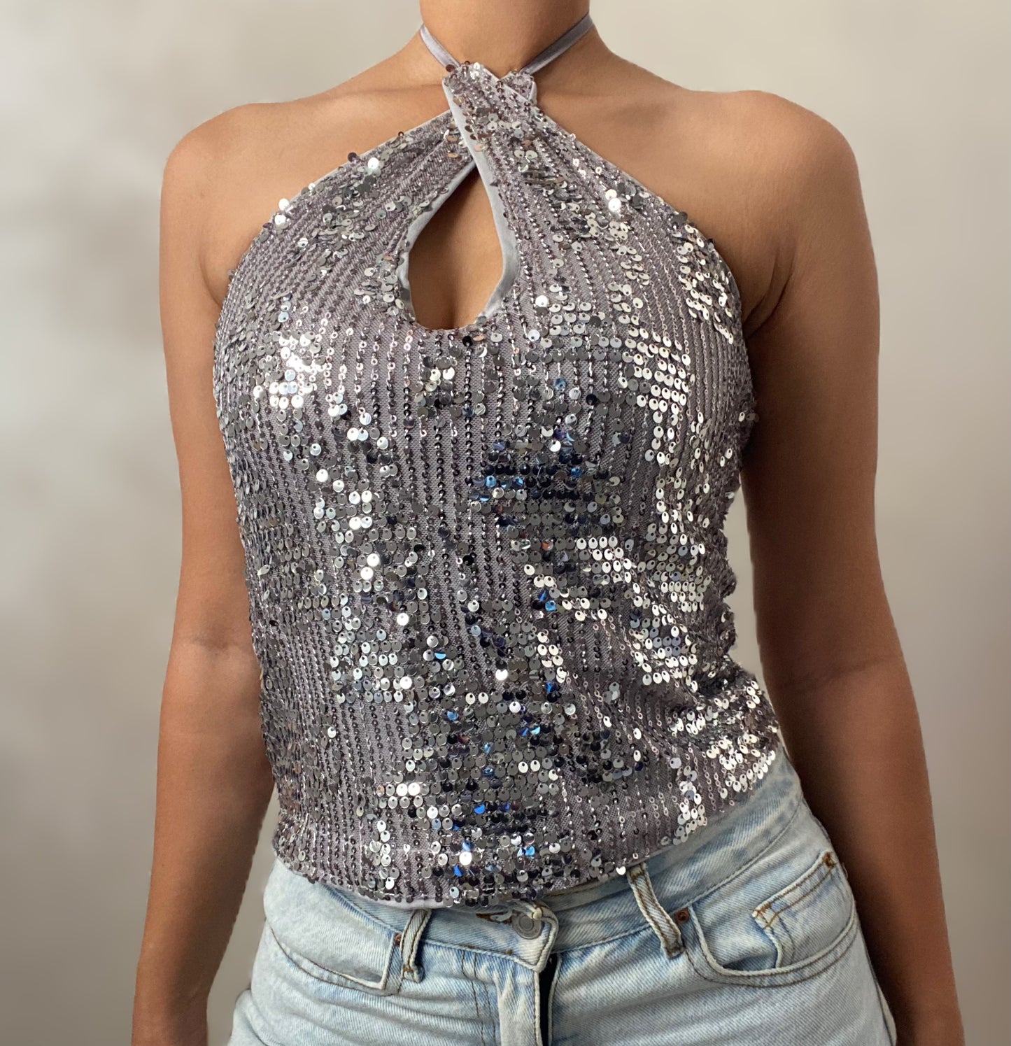 Shimmering Sequin Halter Top – Silver