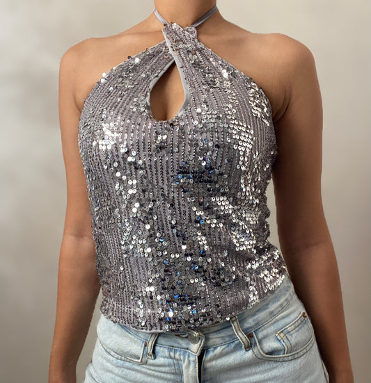 Shimmering Sequin Halter Top – Silver