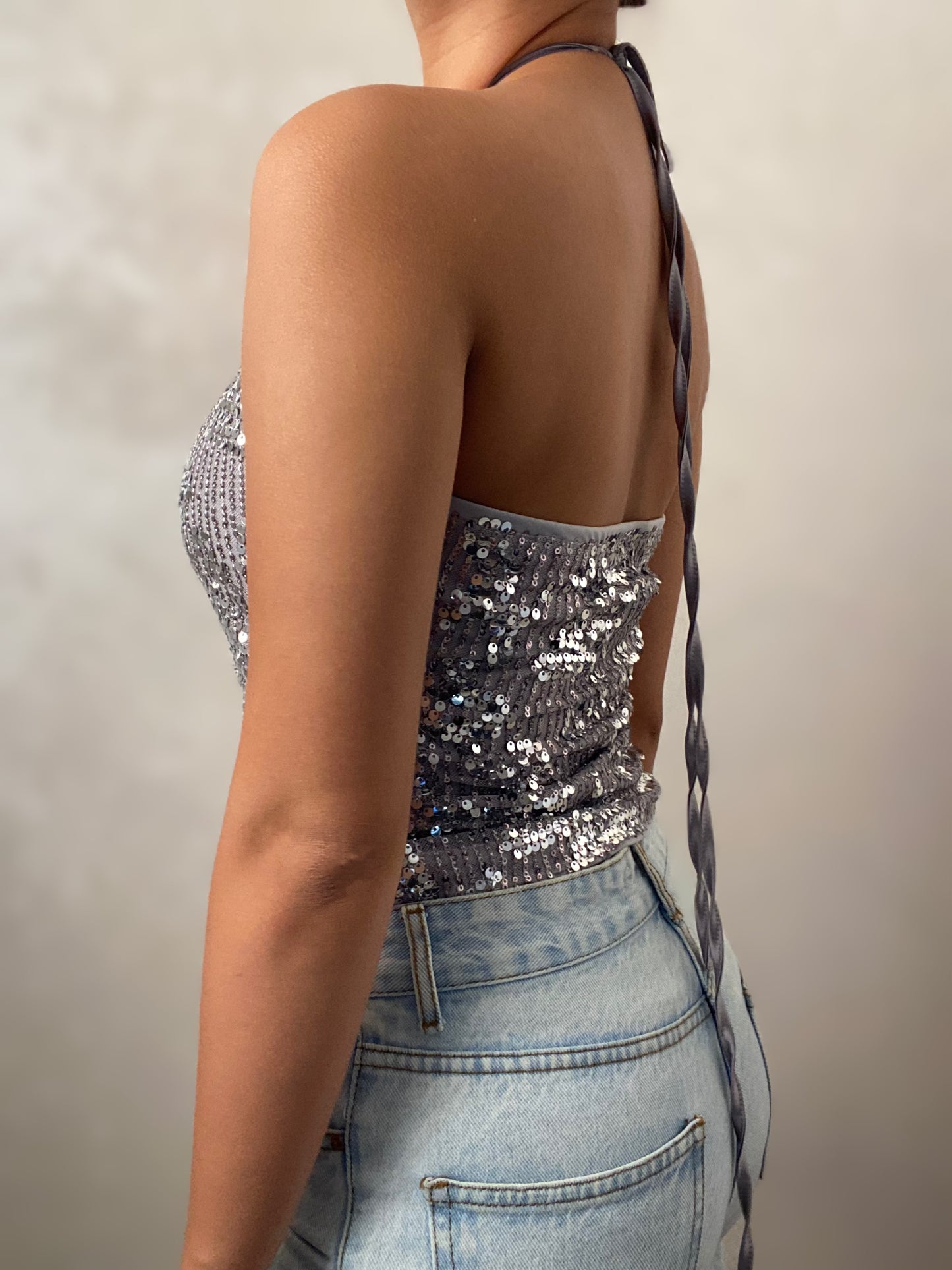 Shimmering Sequin Halter Top – Silver